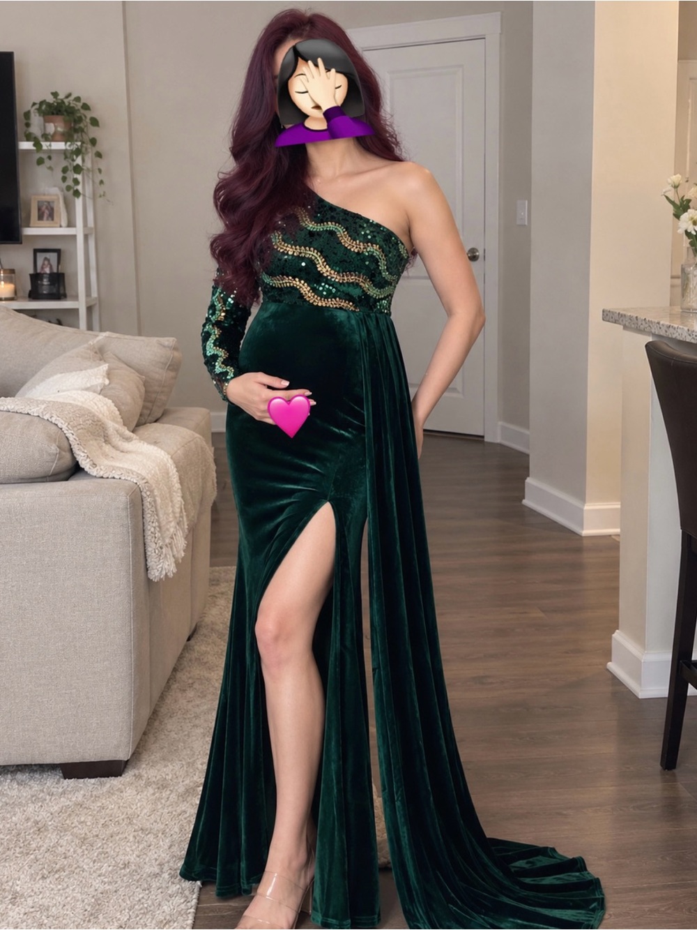 Formal Maternity Gown Dress with Slit and Sequins, Asymmetrical, Green and Gold